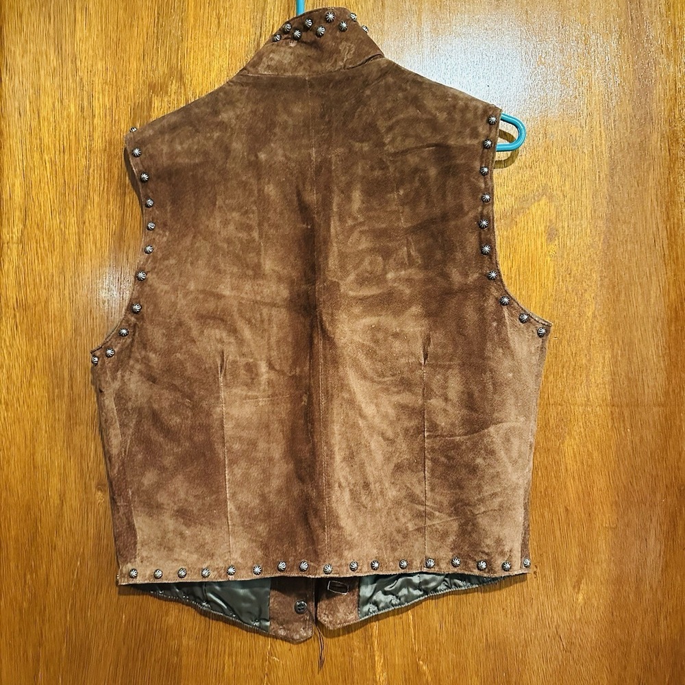 Vintage Arella Leather Gilet Sued Studded Beige Womens Wooden Accents Sz Small - Picture 2 of 9
